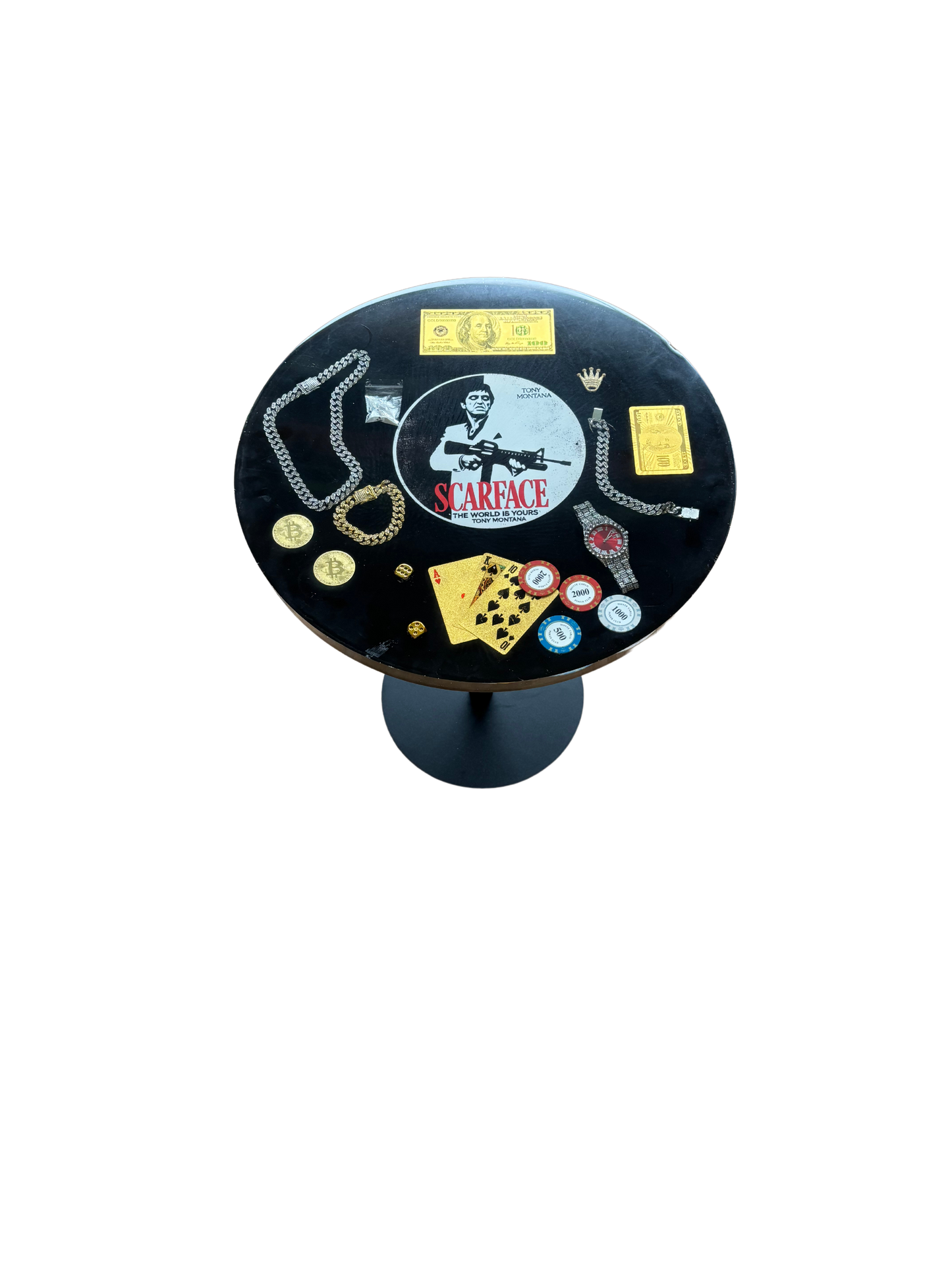 Scarface Tisch – Tony Montana Design mit Bling Uhr, Gold & Pokerstyle
