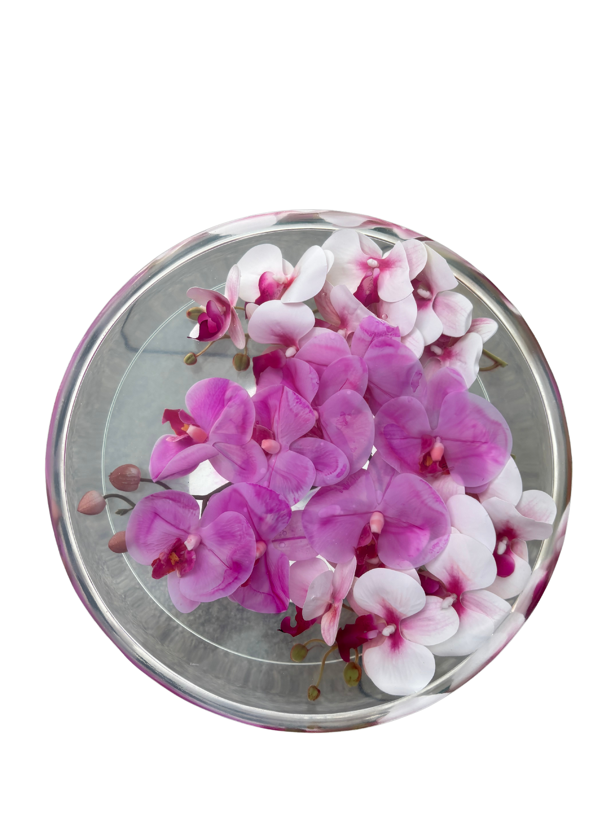 „Orchid Dream“ – Runder Blumentisch mit eingefassten Orchideen in Epoxidharz