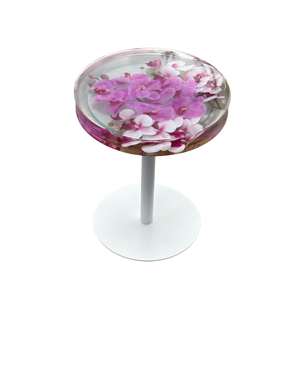„Orchid Dream“ – Runder Blumentisch mit eingefassten Orchideen in Epoxidharz