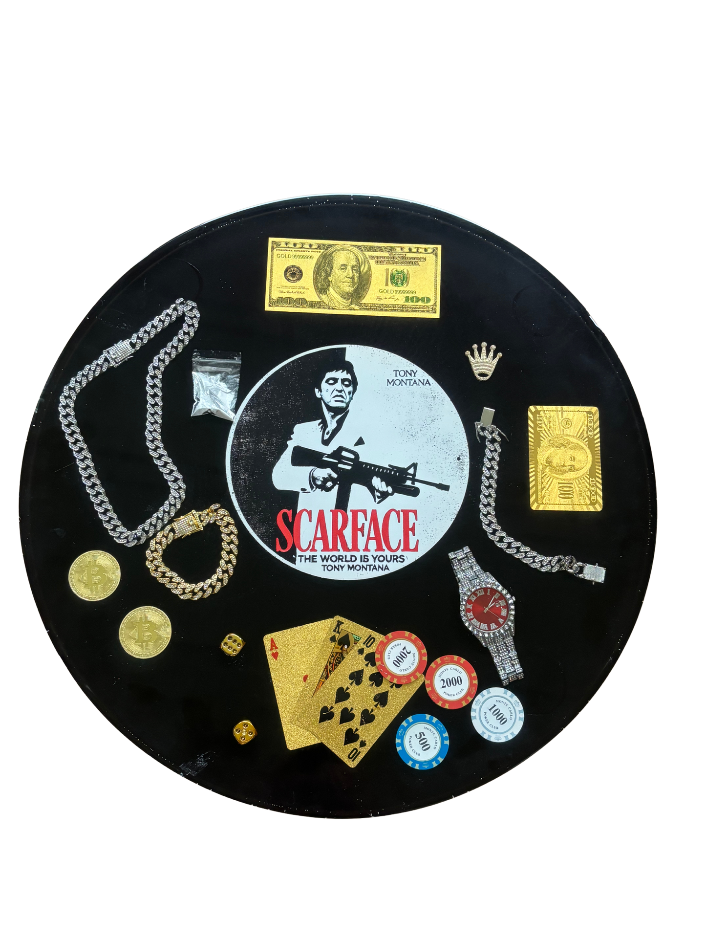 Scarface Tisch – Tony Montana Design mit Bling Uhr, Gold & Pokerstyle