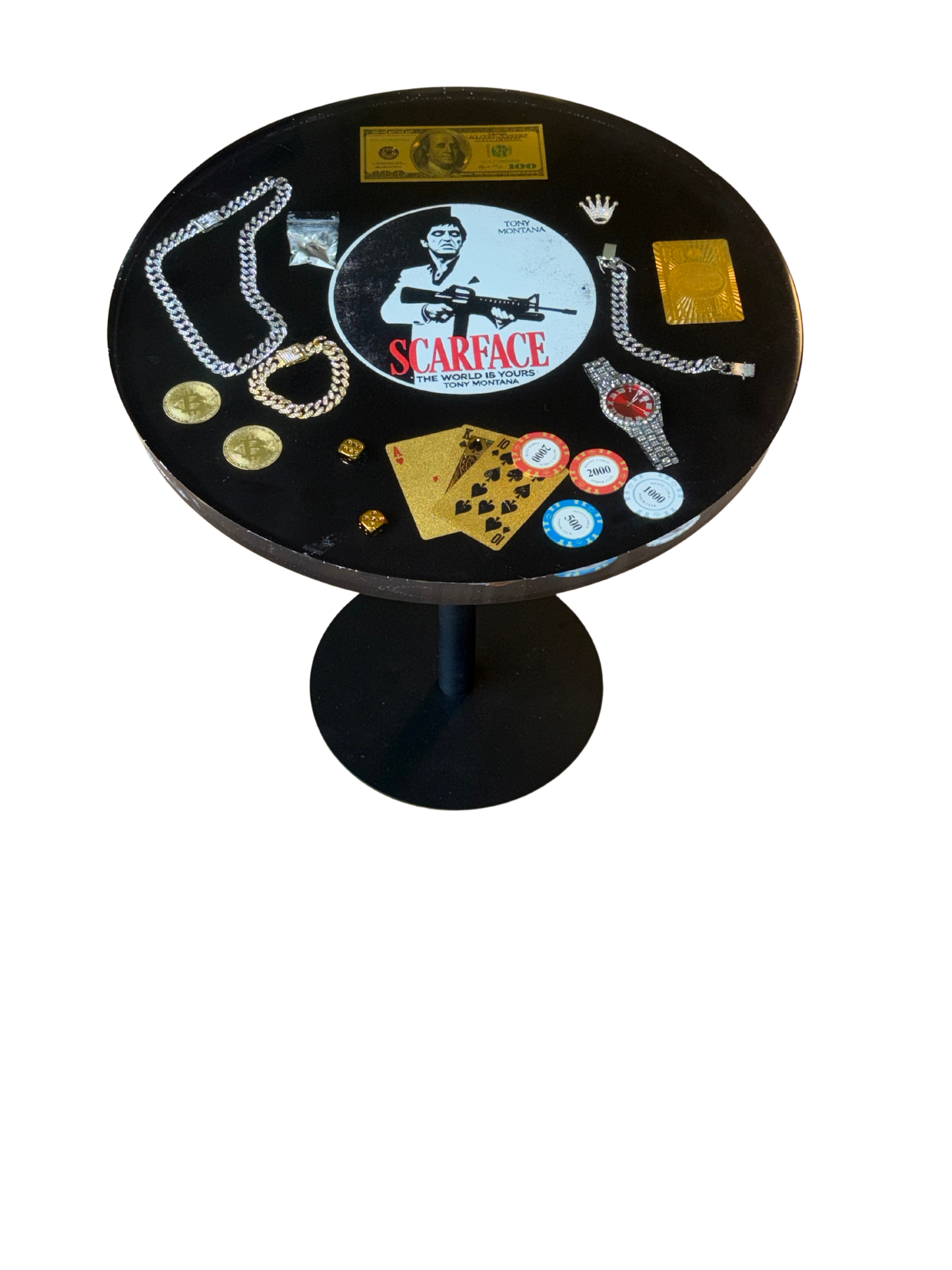 Scarface Tisch – Tony Montana Design mit Bling Uhr, Gold & Pokerstyle